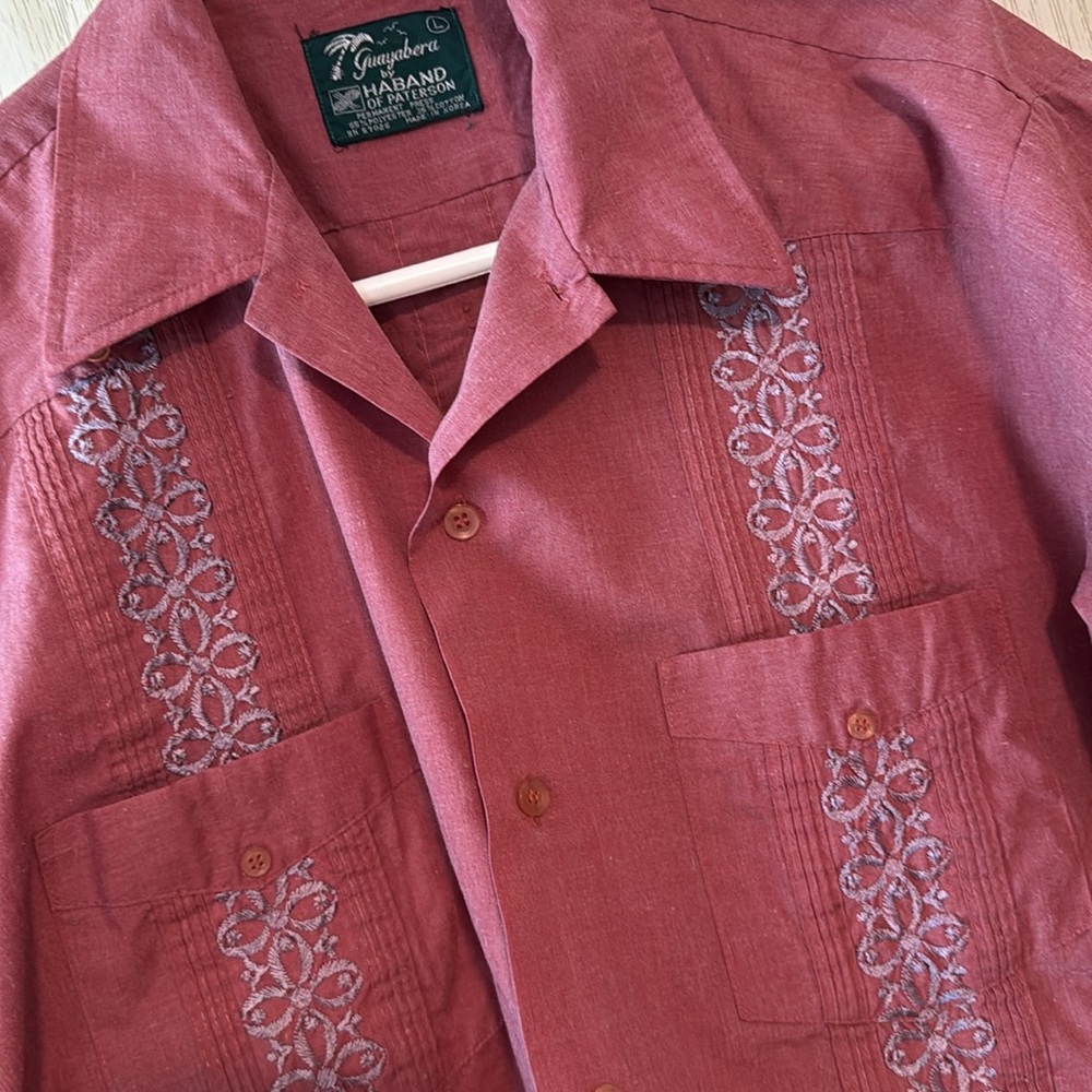 Haband 1980's Men's Guayabera Shirt Rust Red Color Short Sleeve Sz L